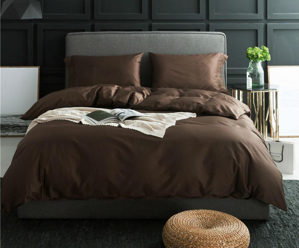 Комплект постельного белья Сатин №154 семейный на резинке однотонный Dark chocolate