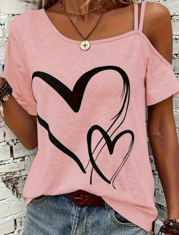 Футболка женская с принтом Сердца с открытым плечом свободного кроя S Розовый