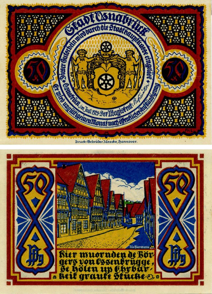 Коллекционная банкнота Германия Нотгельд 50 пфеннигов 1921 F-VF Оснабрюк Разновидность (Б16114)