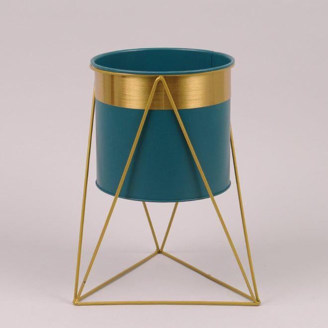 Кашпо металеве Flora на підставці h 28 см Смарагдовий із золотою смугою (39960)