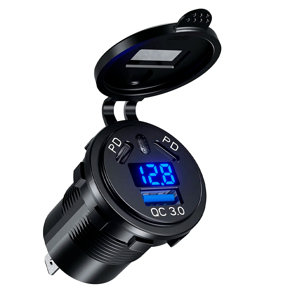 Автомобильная зарядка врезная USB QC 3.0 с вольтметром и двумя Type-C (DS2013-P28)