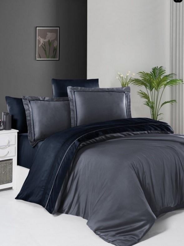 Постельное белье First Choice делюкс сатин евро Dark grey/Navy blue