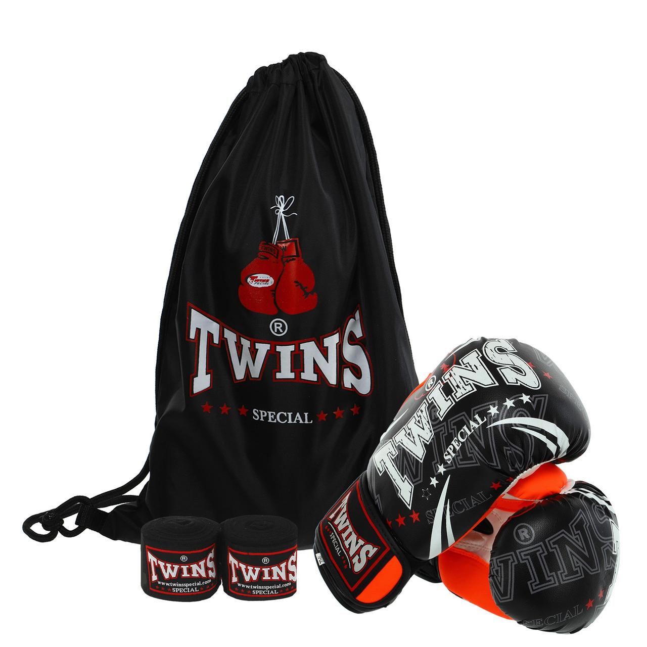 Набор боксерский Twins Перчатки/бинты/сумка-мешок искусственная кожа 10 oz Черно-оранжевый (BO-9943)