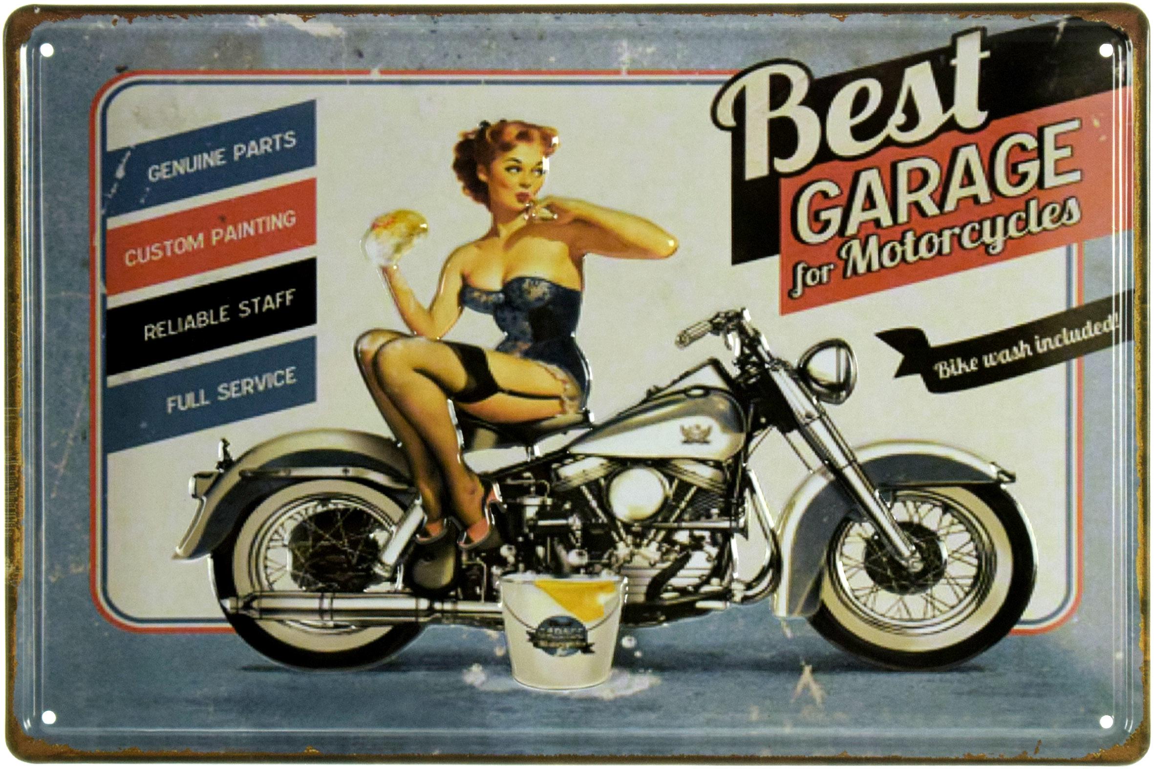 Табличка металлическая Лучший Гараж Для Мотоциклов/Best Garage For Motorcycles Bike Wash Included! 20x30 см
