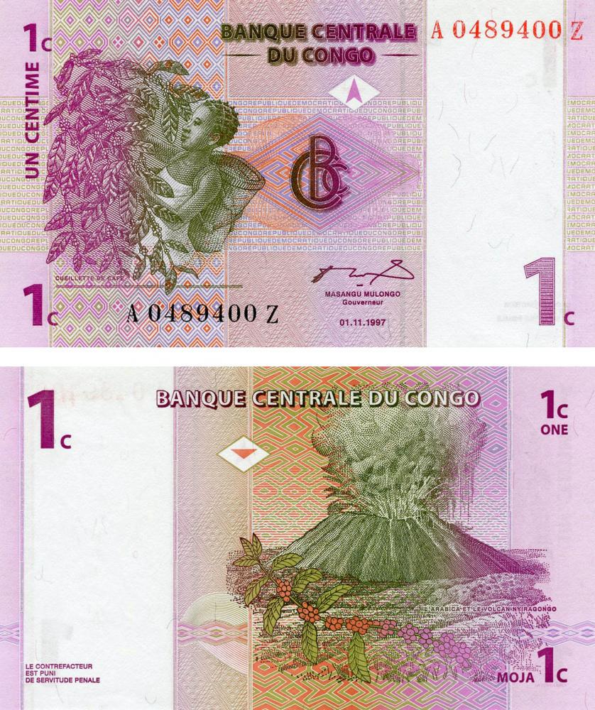 Коллекционная банкнота Демократическая Республика Конго 1 сентим 1997 UNC P80 (Б13184)