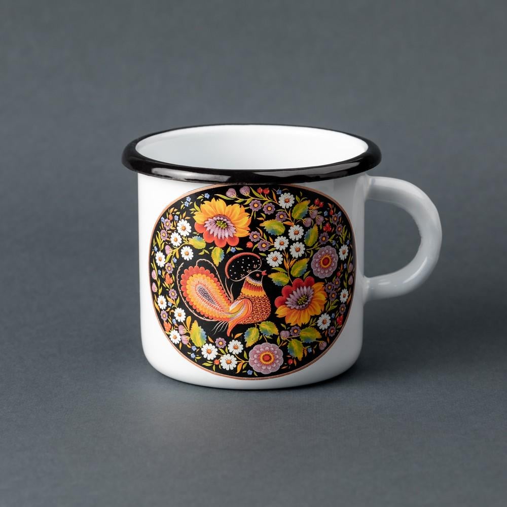 Кружка эмалированная Enamel mug с принтом Петриковская роспись Сказочная птица 400 мл Белый
