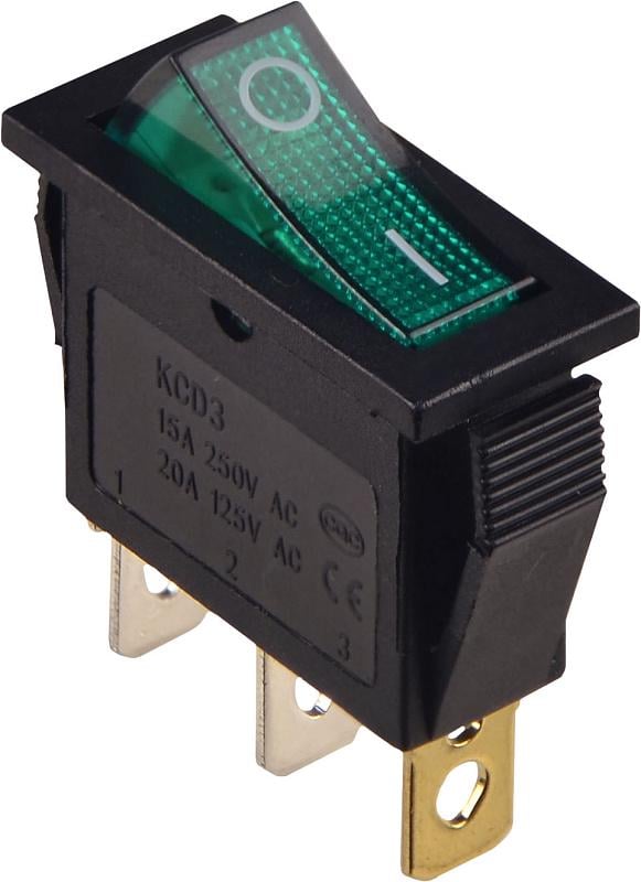 Переключатель АСКО KCD3-101N GR/B 1 клавиша 1NO 33,5 мм 15A с подсветкой зеленый LED 12V AC/DC Черный (A0140040173)
