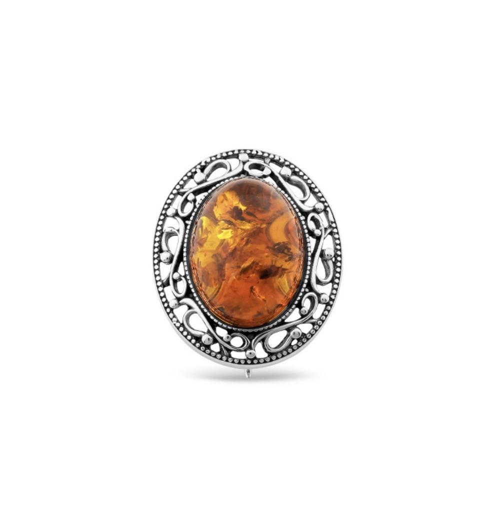 Брошка Ажур з каменем Бурштин срібло 925 проби чорнене 4,23 г (708брош)