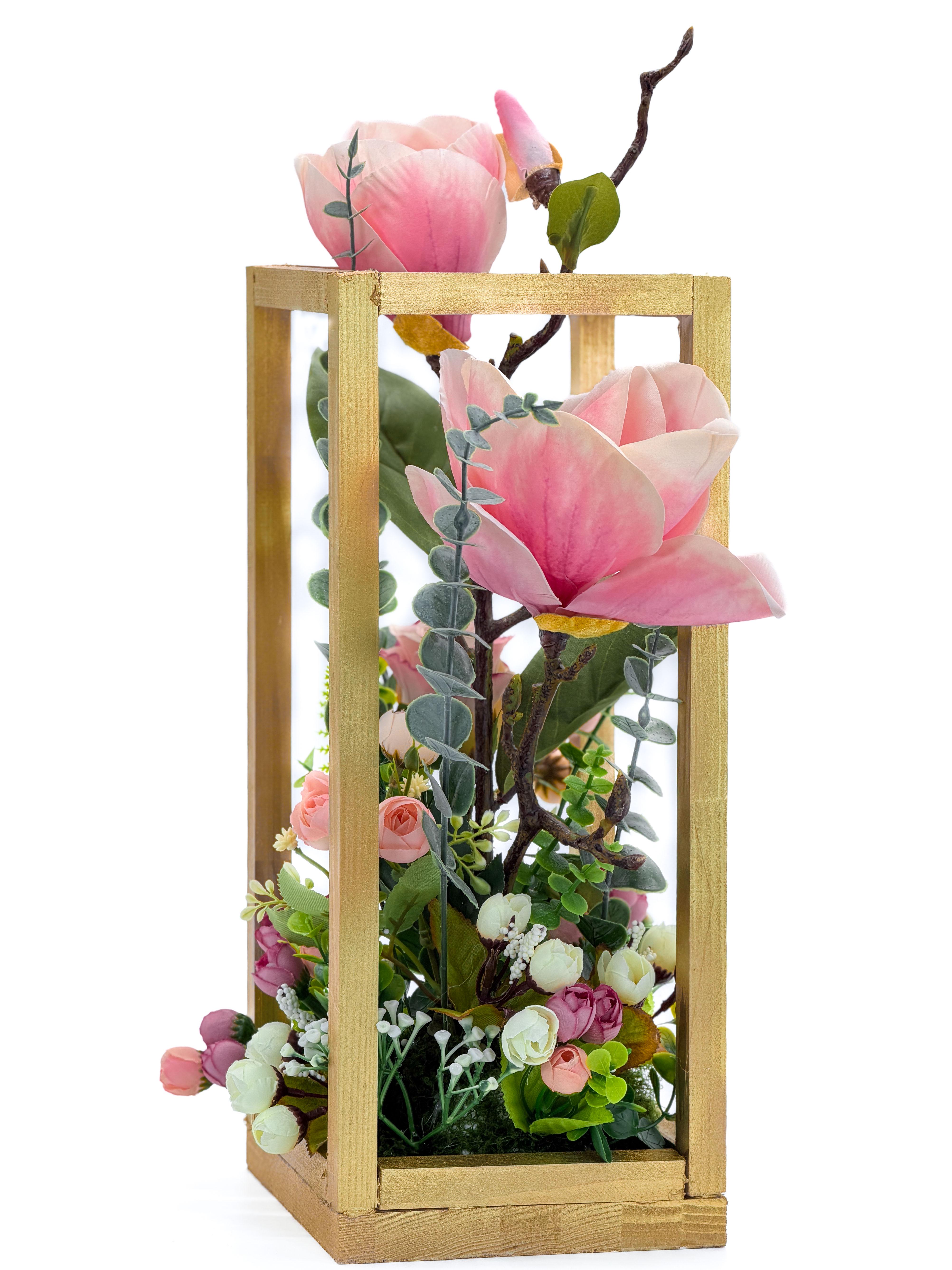 Лампіон GALA DECOR дерев'яний з пишною флористикою 15х40 см