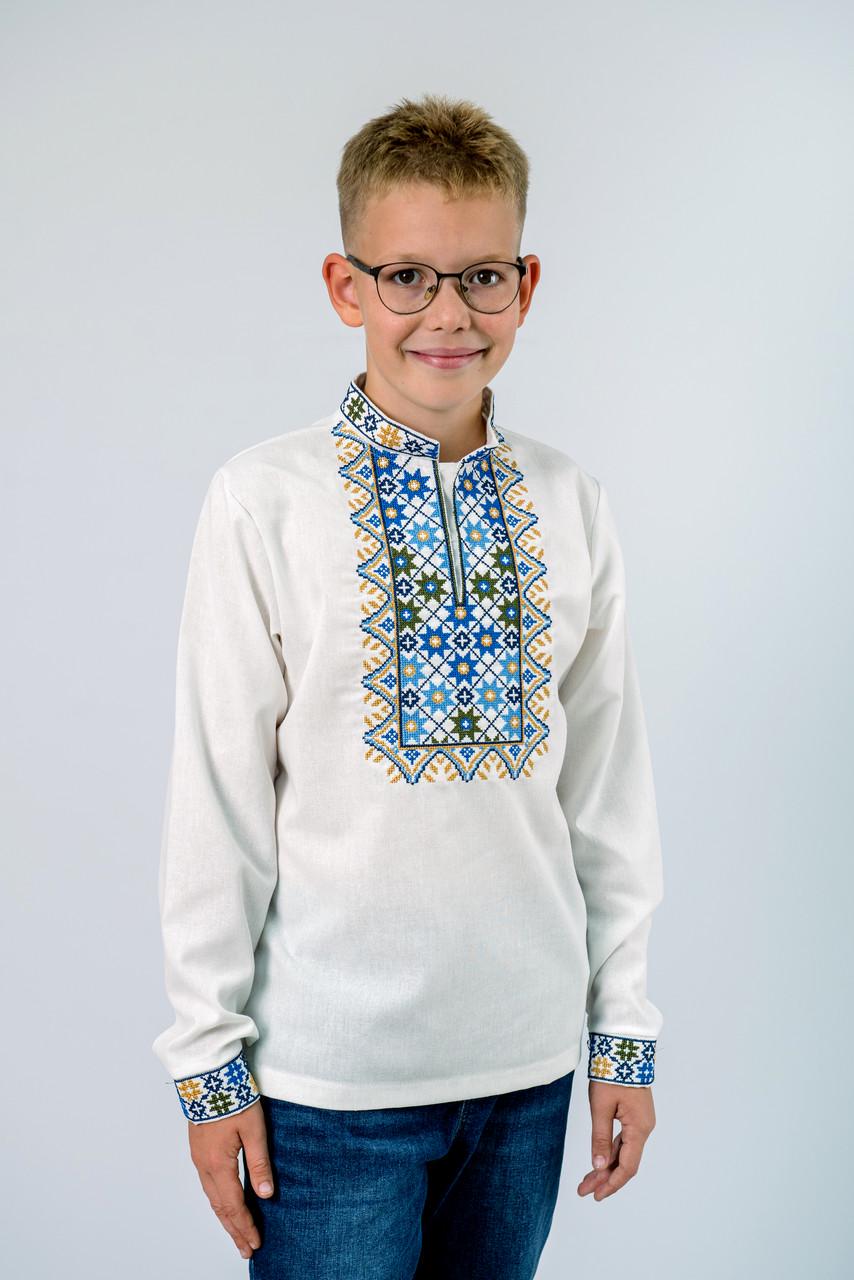 Вышиванка на мальчика лен с голубым орнаментом с длинным рукавом 158 см Молочный (2106420529) - фото 7 Вышиванка на мальчика лен с голубым орнаментом с длинным рукавом 158 см Молочный (2106420529) - фото 7