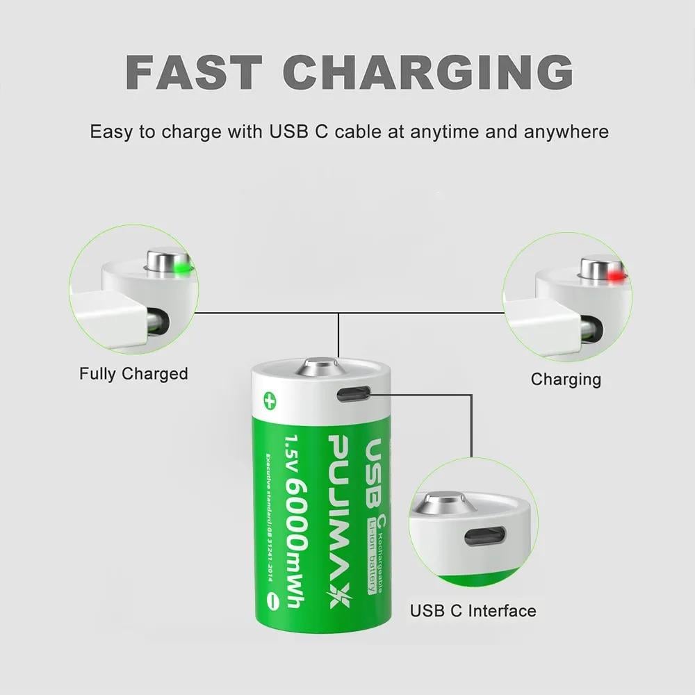 Акумулятор Pujimax Тип C/R14 з зарядкою Type-C 6000 mWh Li-Ion 1,5V (2575995119) - фото 3 Акумулятор Pujimax Тип C/R14 з зарядкою Type-C 6000 mWh Li-Ion 1,5V (2575995119) - фото 3