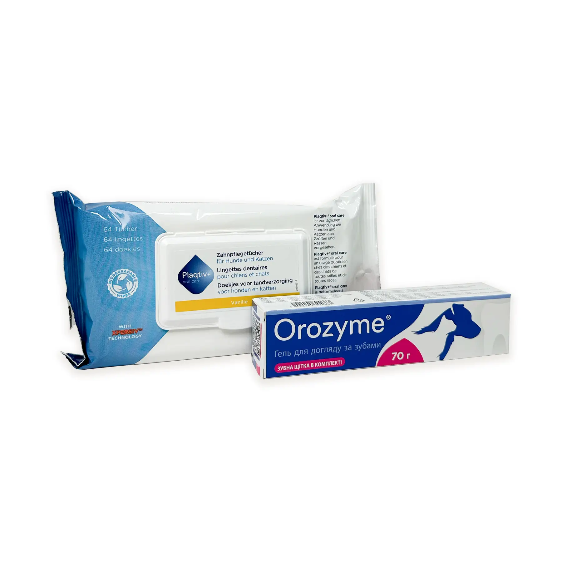 Набір для догляду за пащею тварин гель Orozyme 70 г/стоматологічні серветки Plaqtiv+ 64 шт. (24728004)