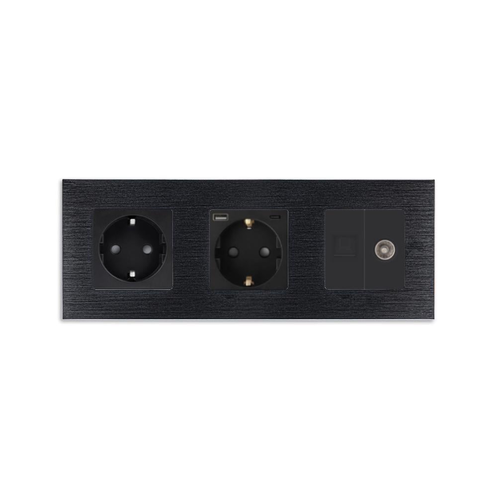 Розетка WALLPAD с USB 20Вт интернет RJ-45/ТВ выходом заземления шторки 250В 16А алюминиевая рамка Черный (WP-M3FGACCAT6PTY-BK)