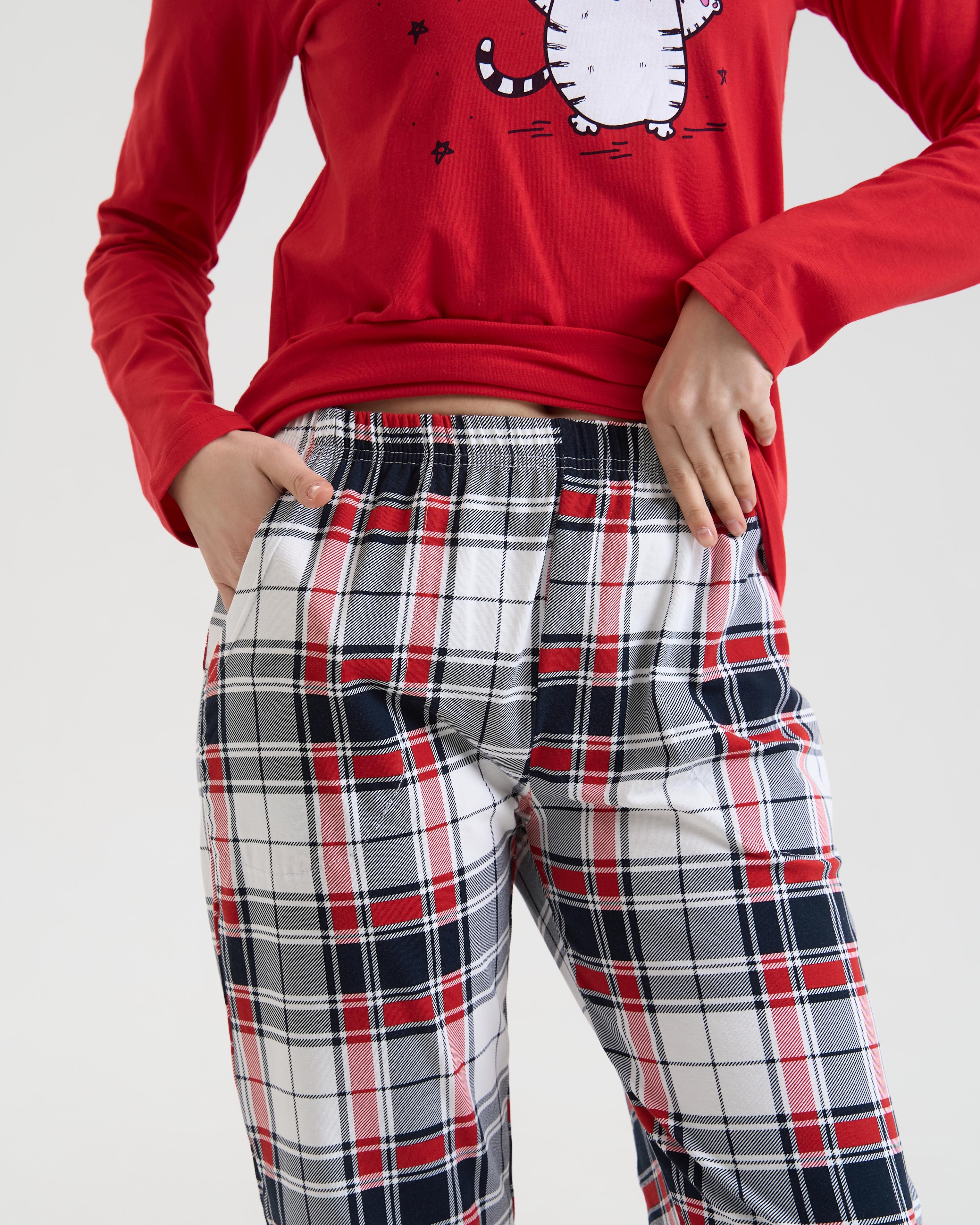 Піжама жіноча зі штанами Котик в шапці 96742 S Червоний - фото 4 Піжама жіноча зі штанами Котик в шапці 96742 S Червоний - фото 4