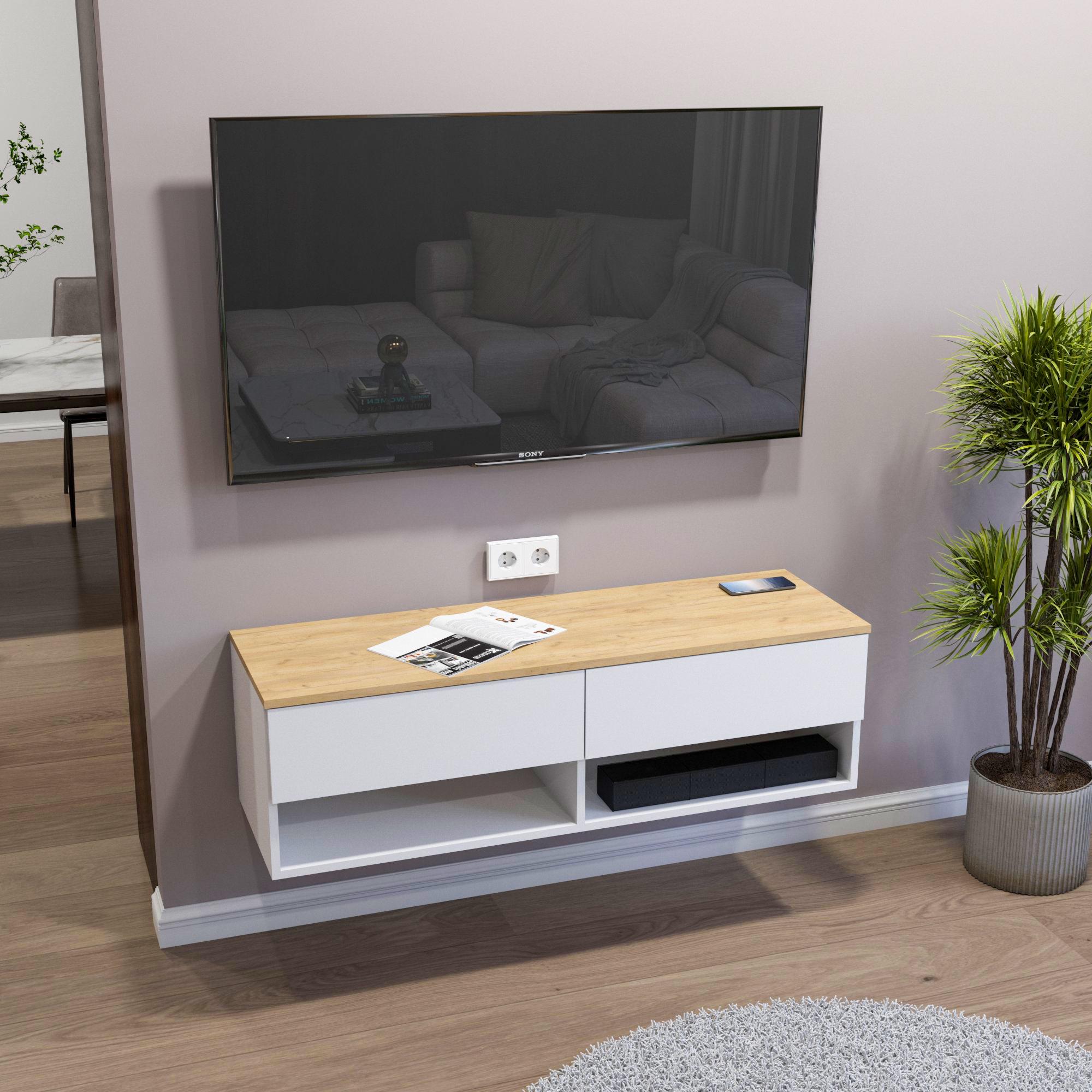 Тумба под телевизор навесная FH-Istad с ящиками и открытыми полками 1200х360х380 мм Белый/Дуб Крафт Золотой - фото 1