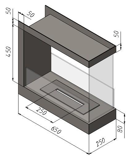 Біокамін вбудований п подібний рамочний 650 мм з пальником та захисним склом в комплекті лінія вогню 250 мм Чорний (11585855) - фото 2
