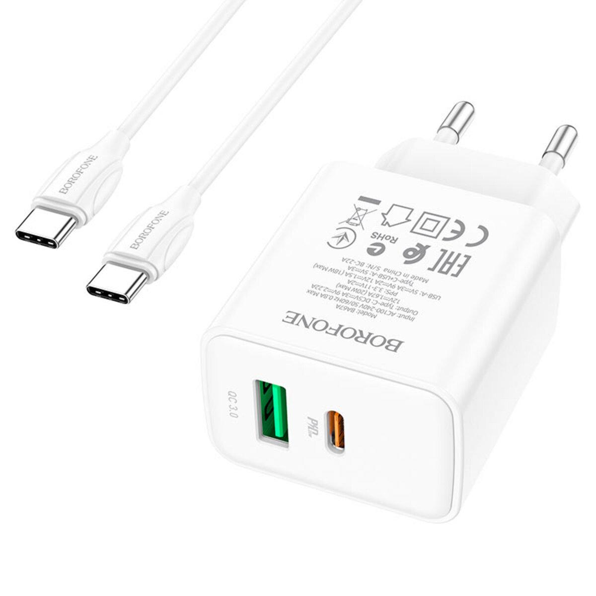 Зарядний пристрій Borofone BA67A PD20W+QC3.0 Charger Set Type-C to Type-C Cable 5V 3A White (BA67ACCW)