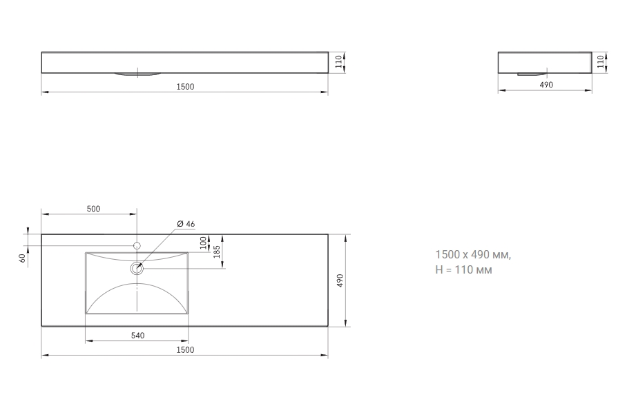 Умывальник подвесной PAA Long Step ILS1500/A/00 1500х490х110 мм Белый глянцевый (ILS1500_A_00) - фото 2