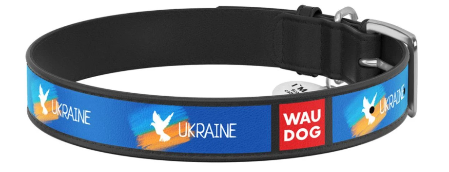 Нашийник для собак шкіряний WAUDOG Design з QR паспортом Прапор ХL 35 мм 46-59 см Чорний (Collar3606-0229-01)