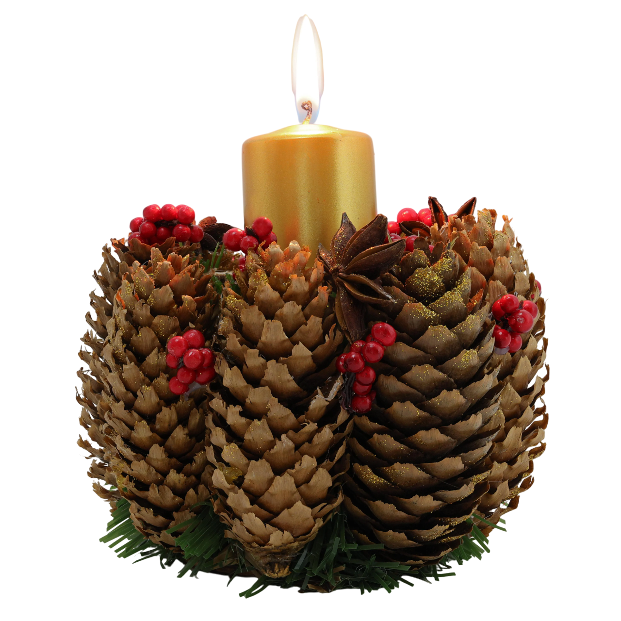 Новогодняя композиция GALA DECOR со свечой золотистой с шишками и ягодами на деревянной основе 15 см (СШ1212)