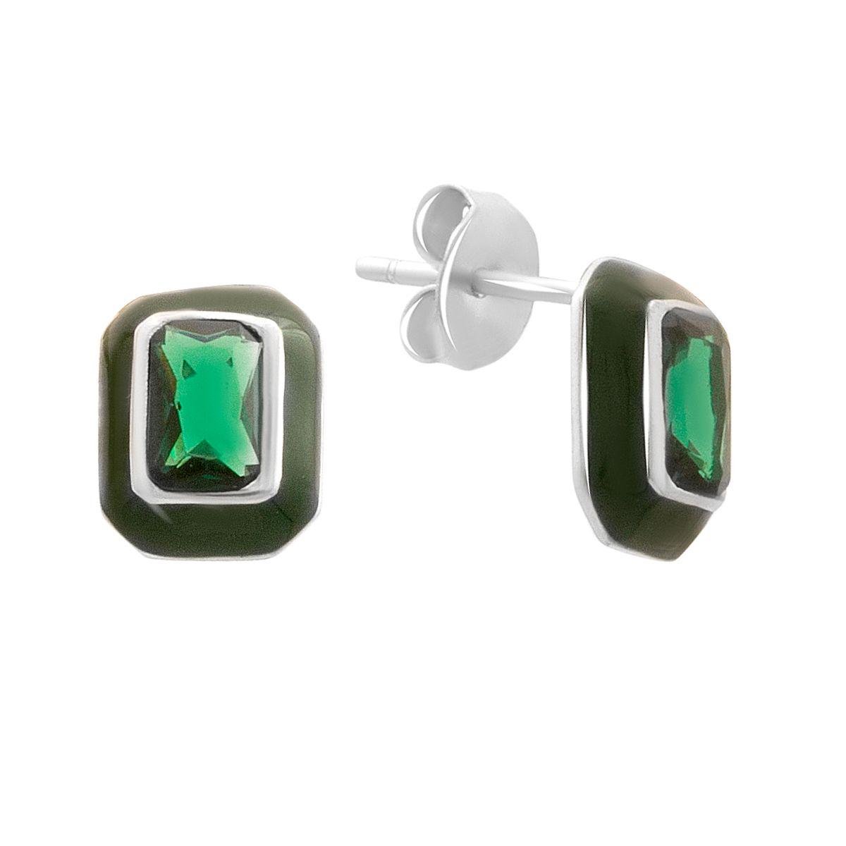 Серьги серебряные пусеты с темно-зеленой эмалью и зеленым камнем Серьги серебряные пусеты с темно-зеленой эмалью и зеленым камнем