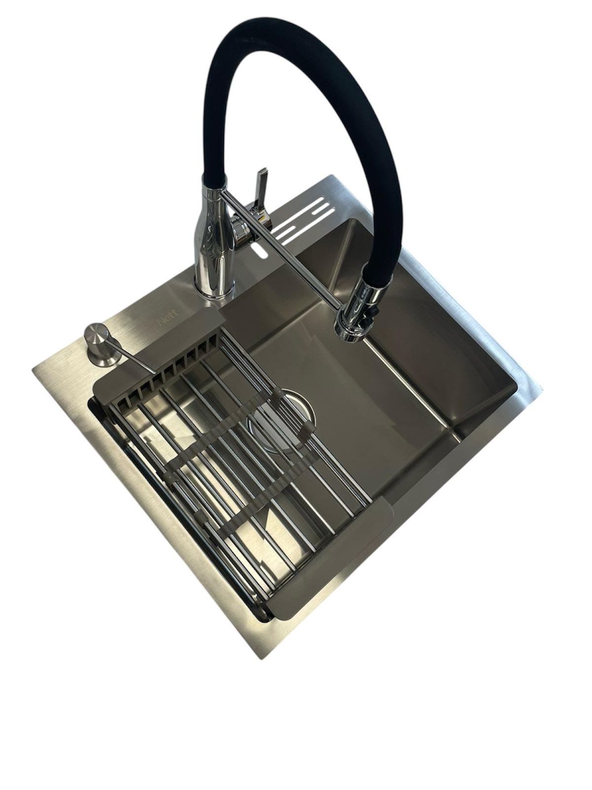 Мойка кухонная из нержавеющей стали Nett NS-5245 см/кран для кухни Kroner Ersel-C03111BLK гибкий Мойка кухонная из нержавеющей стали Nett NS-5245 см/кран для кухни Kroner Ersel-C03111BLK гибкий