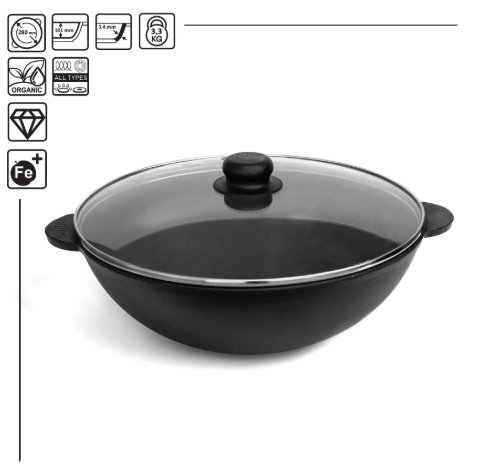 Сковорода чугунная Brizoll WOK со стеклянной крышкой 3,7 л (W28-6) - фото 6
