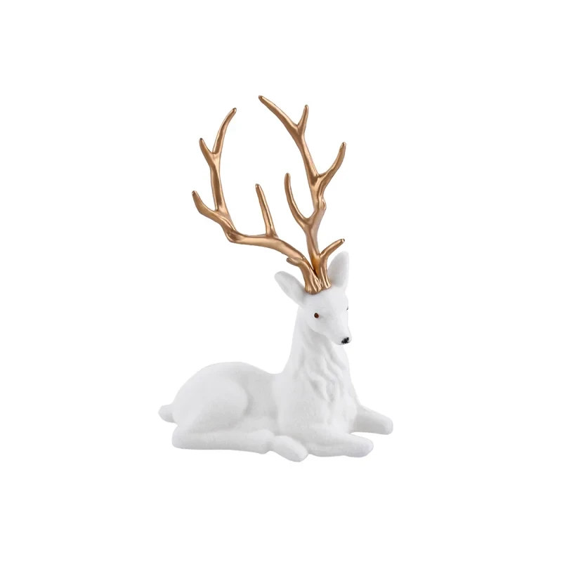 Фигура новогодняя декоративная Олень сидячий с флоковым покрытием и глянцевыми рогами 20 см Белый с золотым (2772079198)