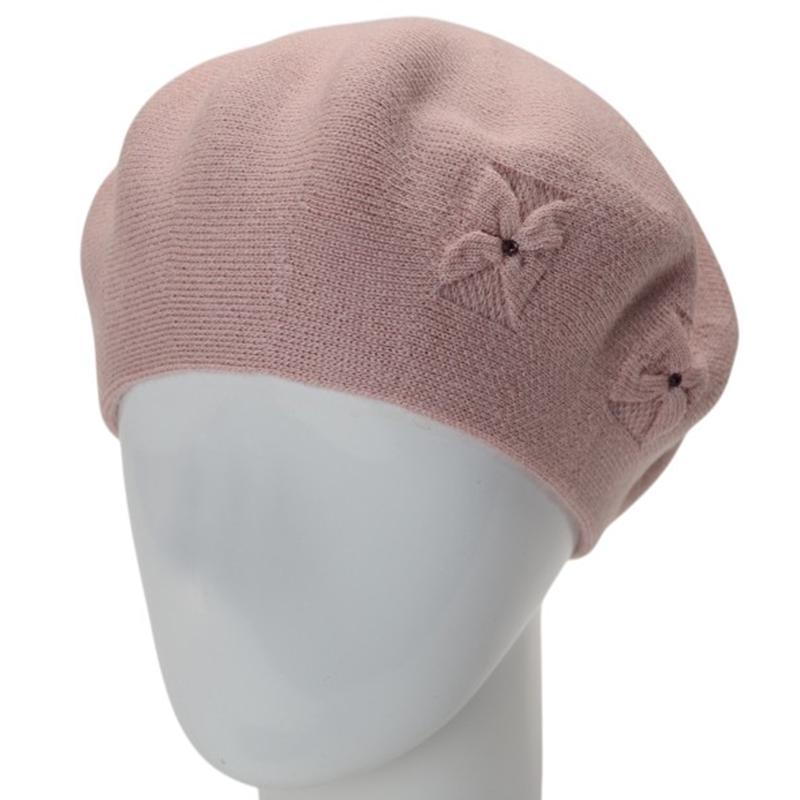 Берет женский двойной тонкой вязки Lirus Баунти с узором и стразами Розовый пудровый