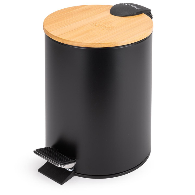 Відро для сміття з педаллю та дерев'яною кришкою Kamille KM-0203 з хромованої сталі 3 л Чорний (150-84-0203)