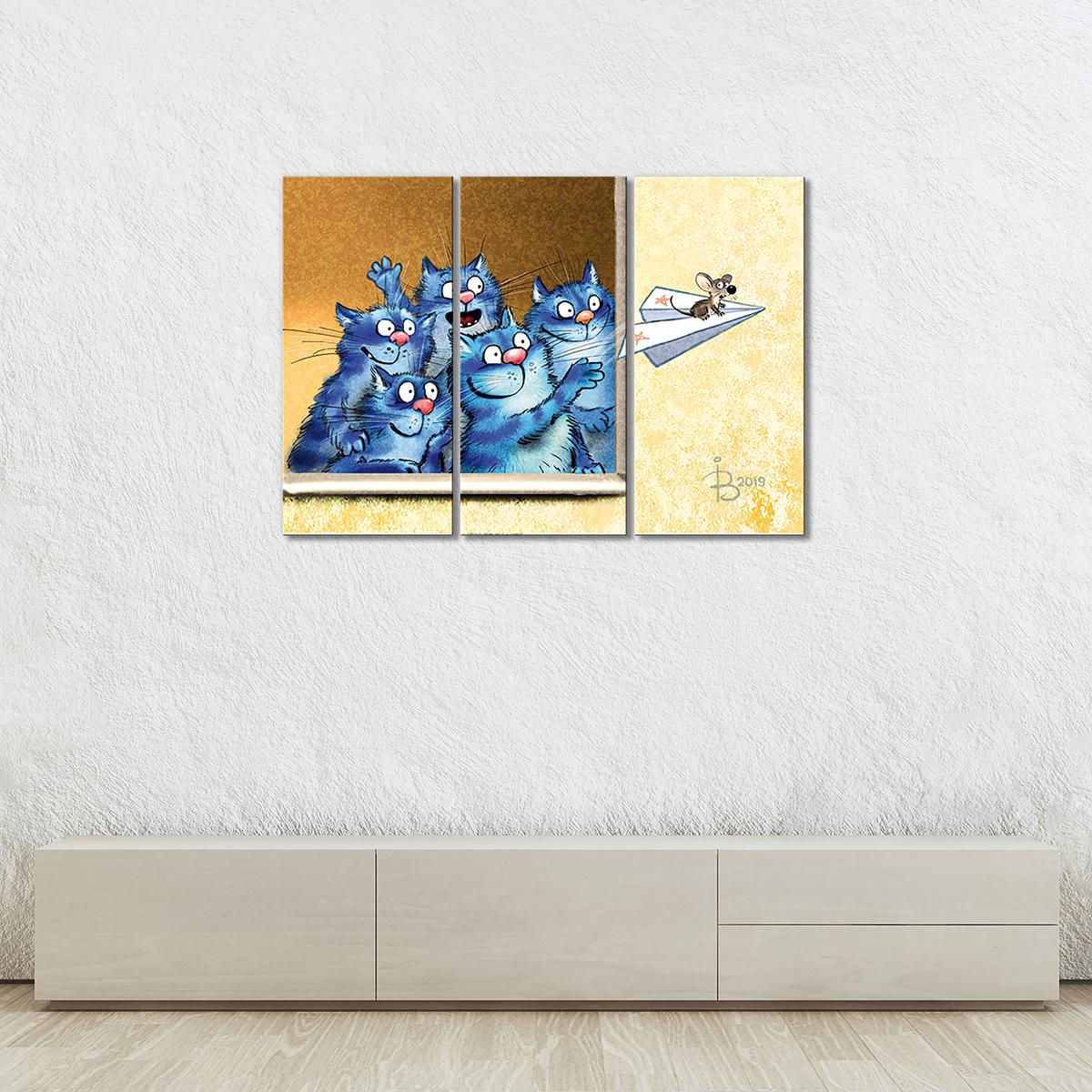 Модульная картина Мышкин полет на самолете 3 модуля 120x180 см