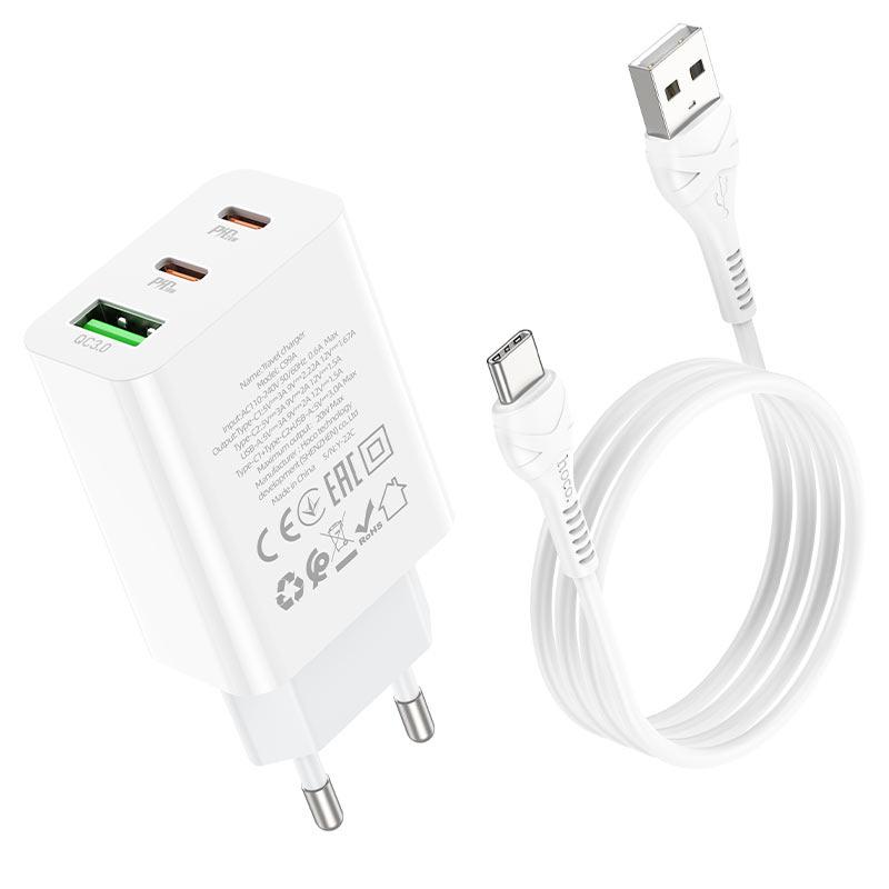 Устройство сетевое зарядное Hoco C99A PD20W QC3.0 1 USB/2Type-C/3A с кабелем для зарядки USB/Type-C Белый - фото 2