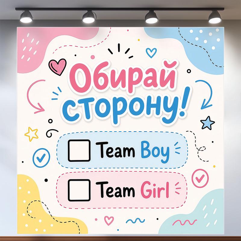 Плакат на Гендер пати Выбирай сторону Team Boy or Team Girl цветной 160x160см, №48503