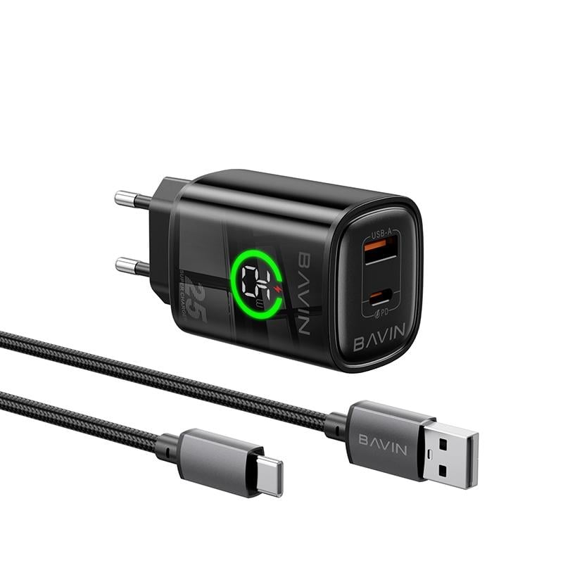 Сетевое зарядное устройство BAVIN PC2196Y-C PD 25W Type-C/USB-A/кабель Type-C/USB-A 18W Black (C-PC2196Y-CBK)