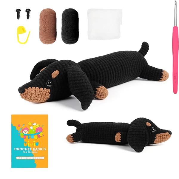 Набор для вязания крючком Такса с пряжей и крючками 22 см Черная