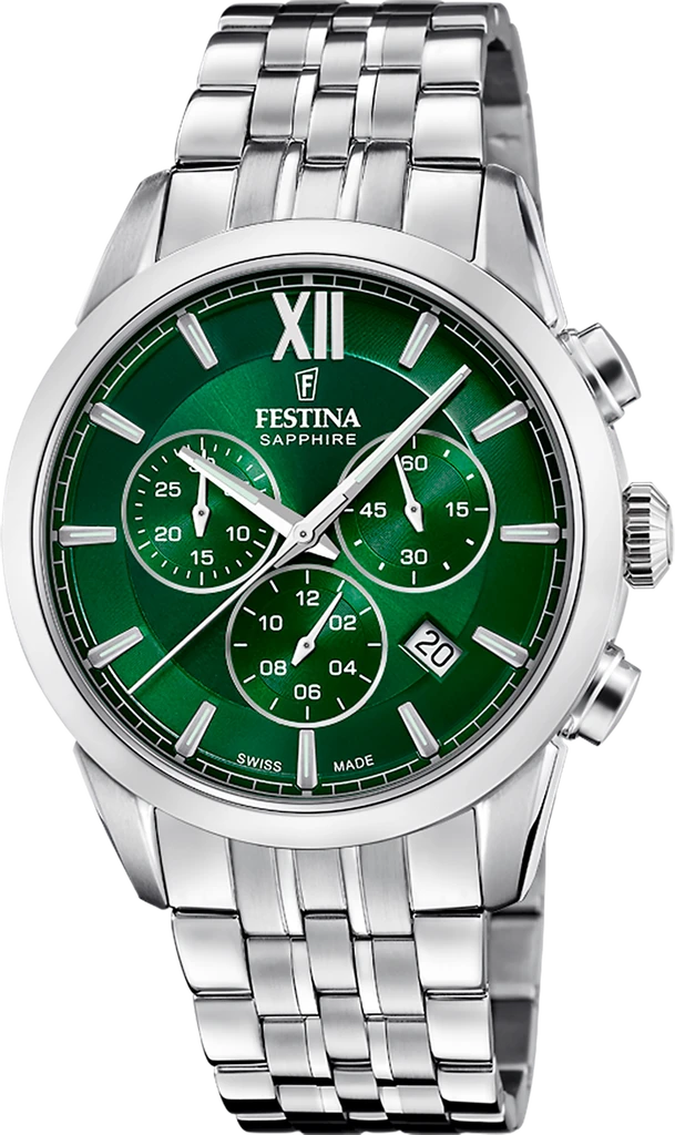 Наручные часы мужские Festina F20040/3 Chrono Swiss Made со стальным корпусом/сапфировым стеклом WR 100 м и зеленым циферблатом Наручные часы мужские Festina F20040/3 Chrono Swiss Made со стальным корпусом/сапфировым стеклом WR 100 м и зеленым циферблатом