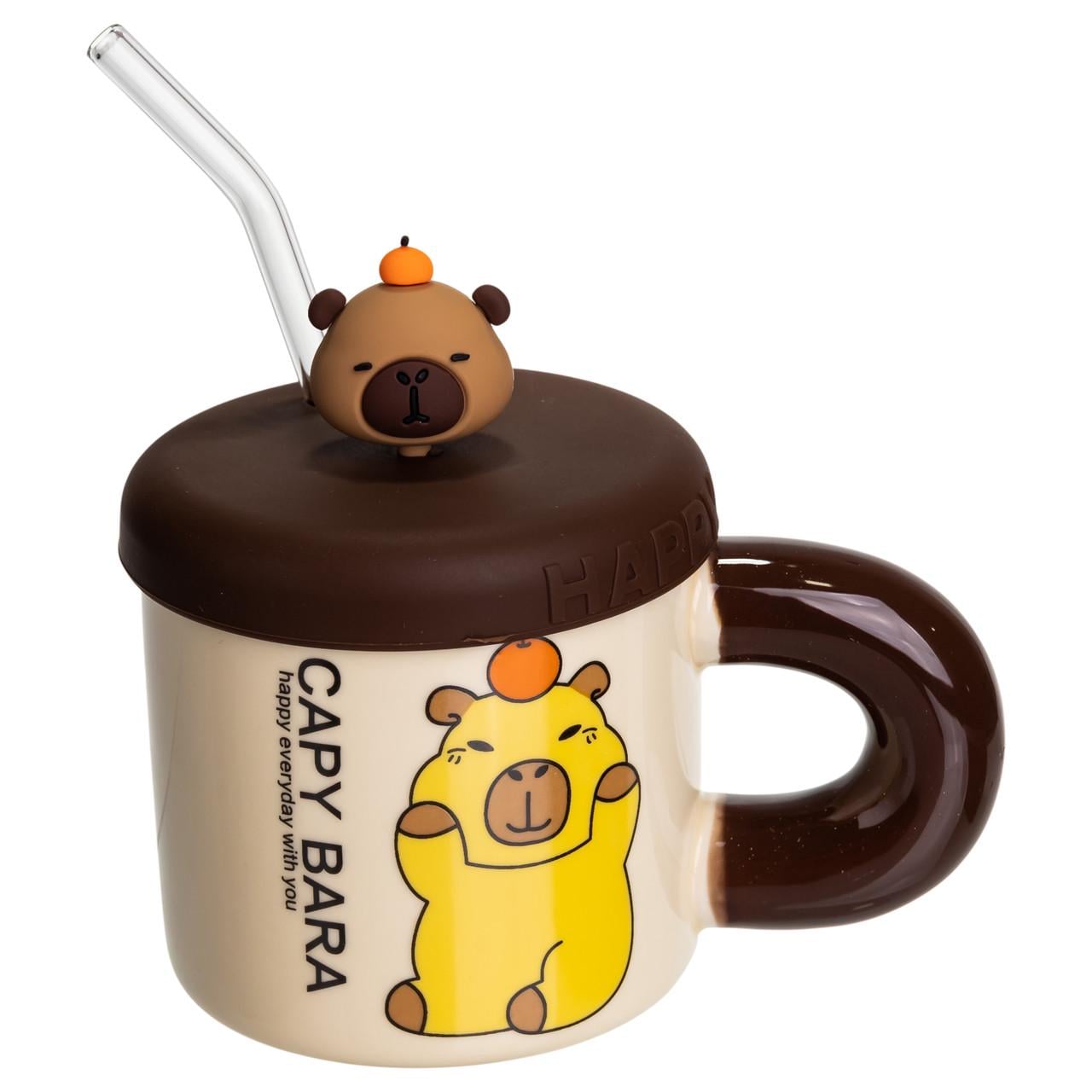 Чашка фарфоровая Light House Капибара с апельсином LG-30204 C 400 мл с крышкой и трубочкой Бежевый с коричневым (124654)