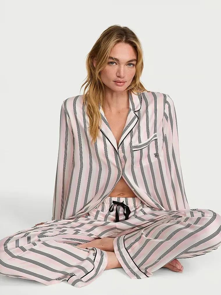 Пижама сатиновая Victoria's Secret Signature Satin Long Pajama Set Strip Regular полоска L Розовый (27224755)