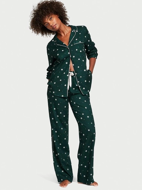 Піжама жіноча Victoria's Secret Flannel Long Pajama Set фланелева в сніжинки M Зелений (15315128)