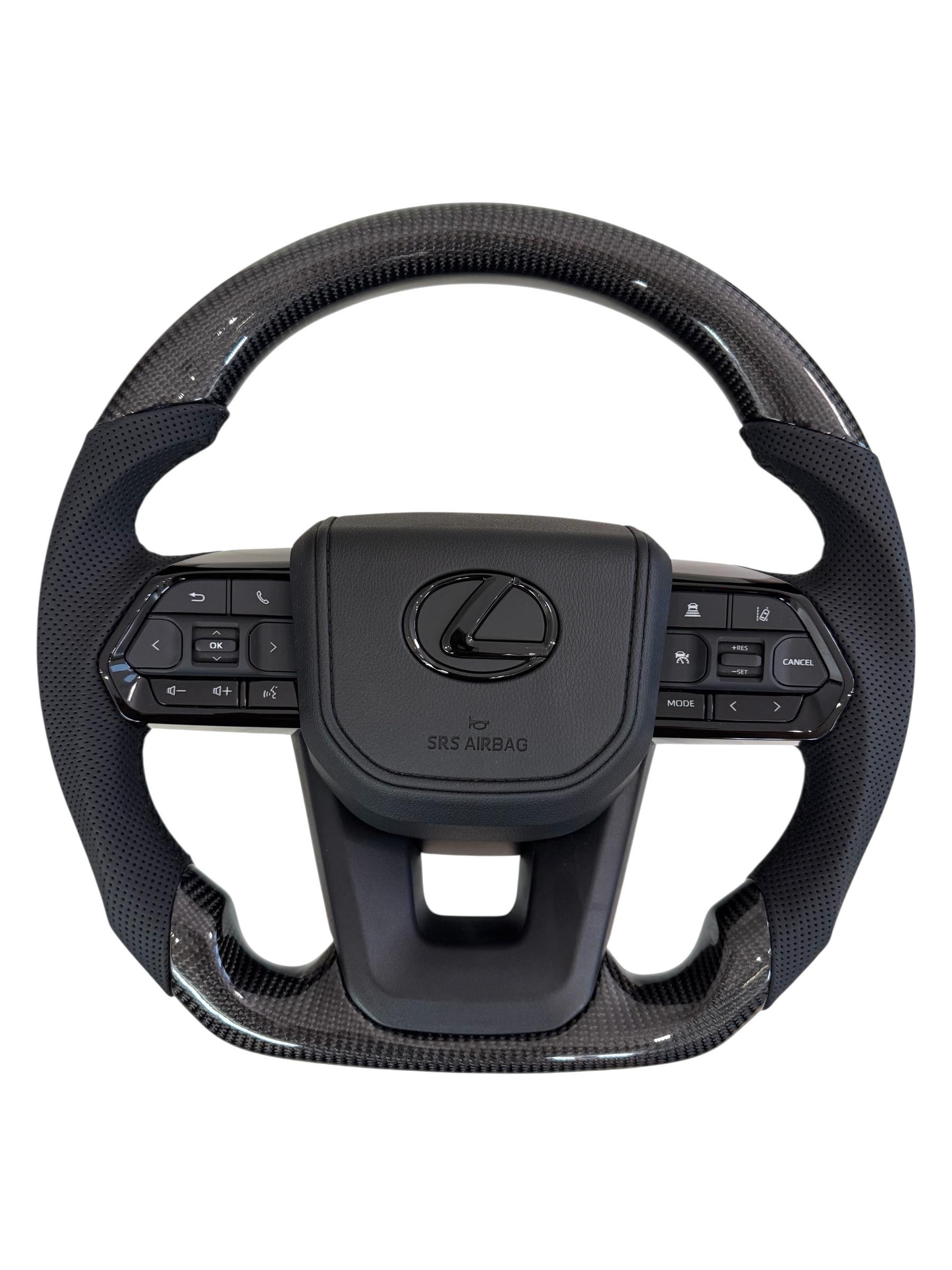 Руль для Lexus LX570 GX460 натуральный карбон со скошенным низом логотип черный глянец (28780867)