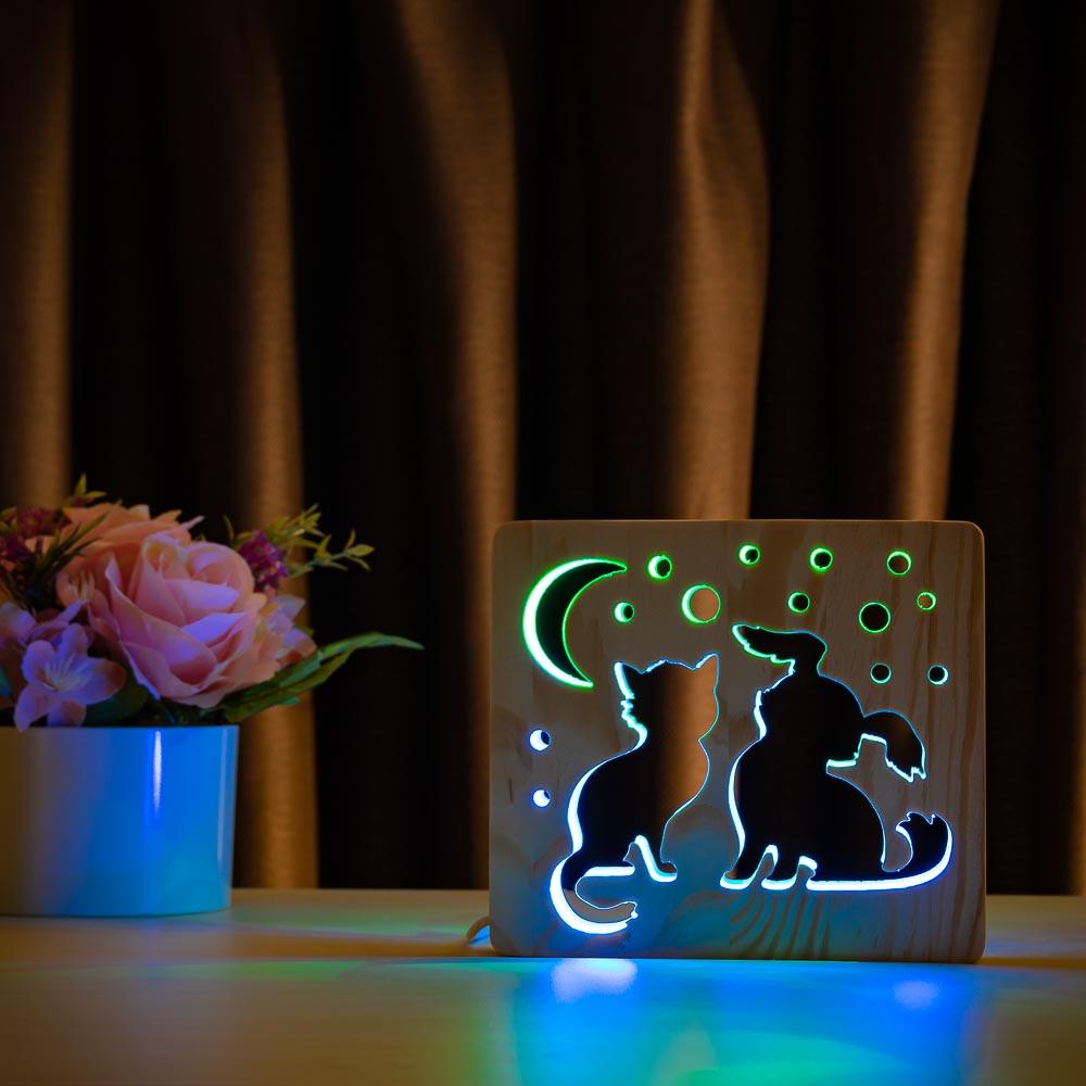 Світильник-нічник ArtEco Light LED Кіт та собачка з дерева з регулюванням світла (1020356)