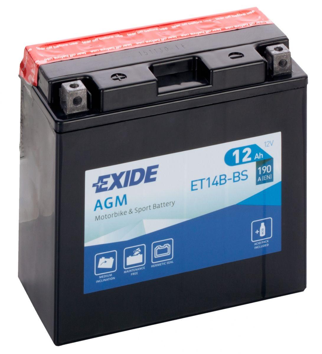 Аккумулятор мото EXIDE AGM 6СТ 12 Ah Аз 12 В 190А EN ET14B-BS (90480)