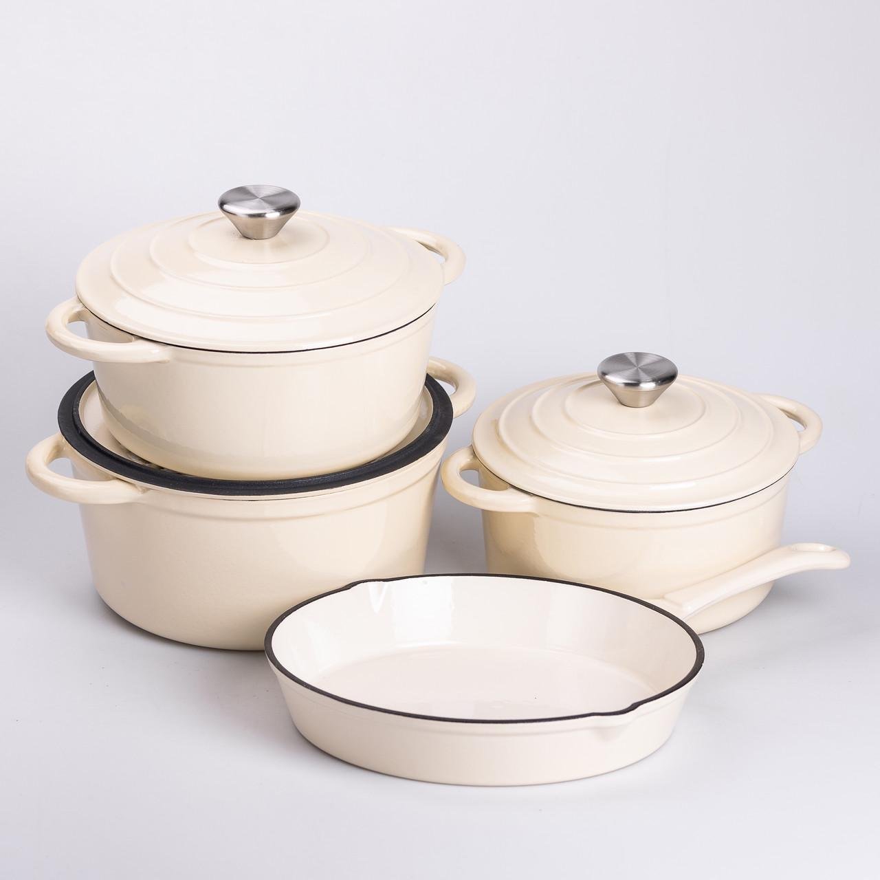 Набор чугунной посуды для приготовления с эмалированным покрытием сковорода/3 кастрюли Бежевый (6820) - фото 2