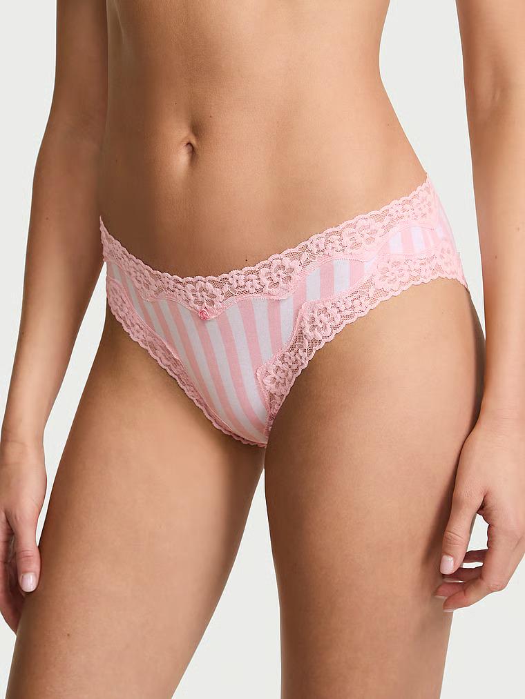Трусики Victoria's Secret Cotton Lace-Waist Bikini Panty Pretty Blossom Iconic Stripe L Розовый (27271931)