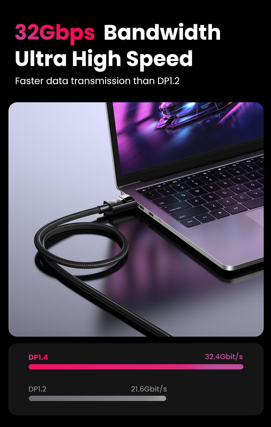 Кабель UGREEN DisplayPort 1.4 8K 60Hz 4K 144Hz 2K 165Hz 1080p 240Hz 32.4 Гбіт/с DP Dynamic HDR G-Sync Free Sync 3D 2 м Чорний (80392) - фото 14