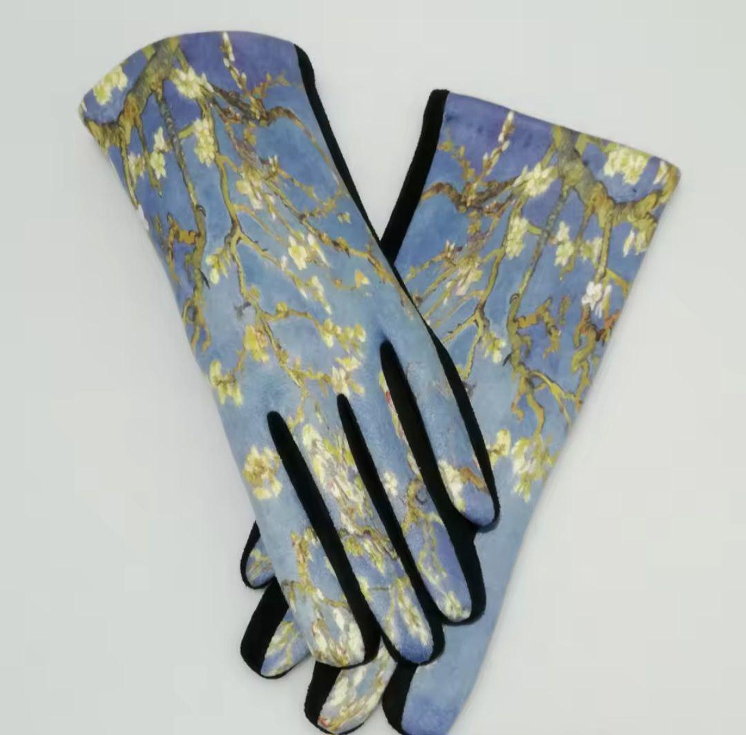 Рукавички жіночі теплі з художнім принтом Квітучі гілки мигдалю (000011)