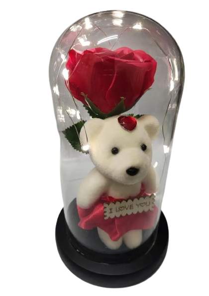 Троянда в колбі з підсвічуванням і ведмедиком Червоний