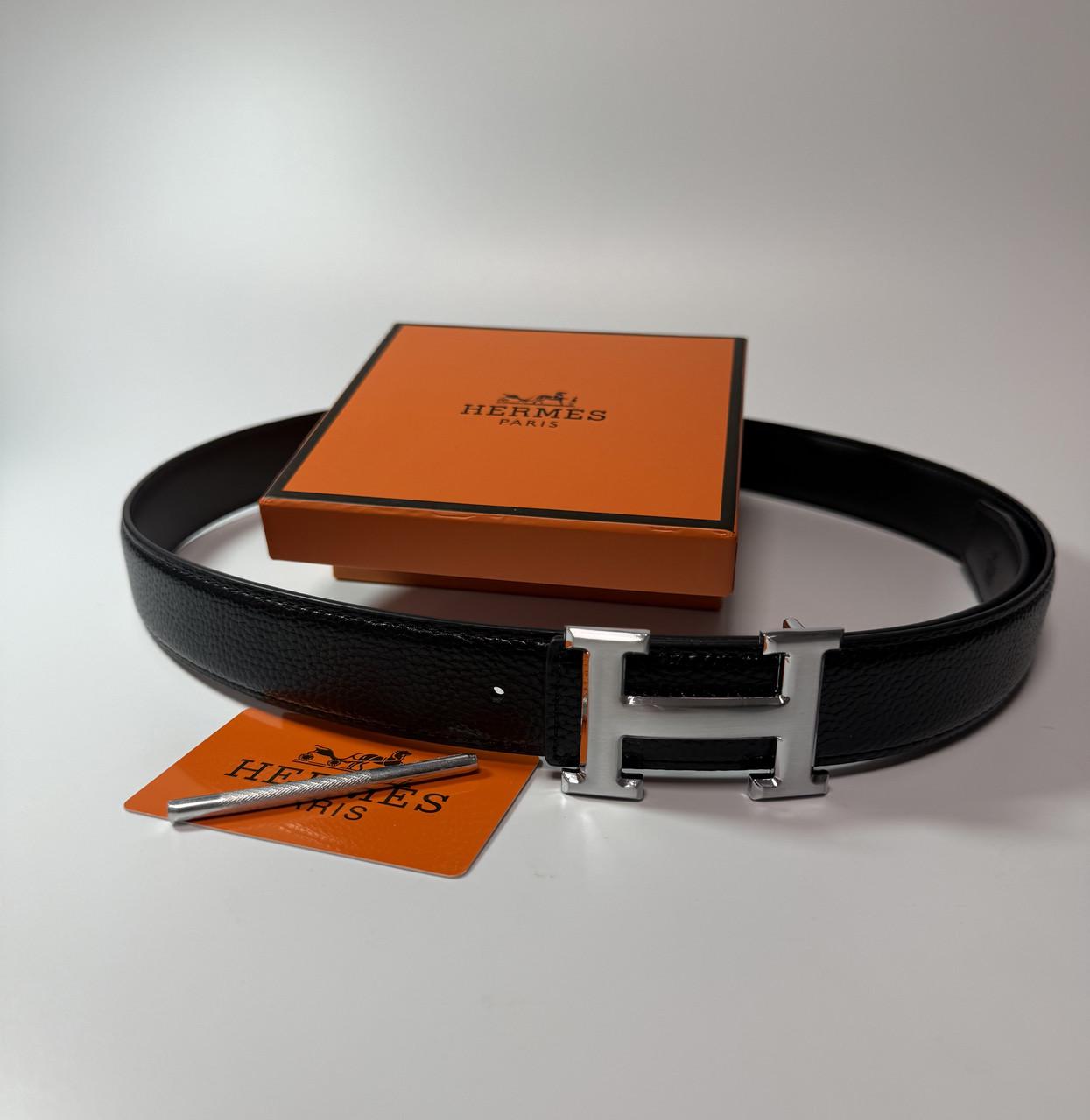 Ремінь чоловічий з металевою пряжкою Hermes екошкіра Чорний