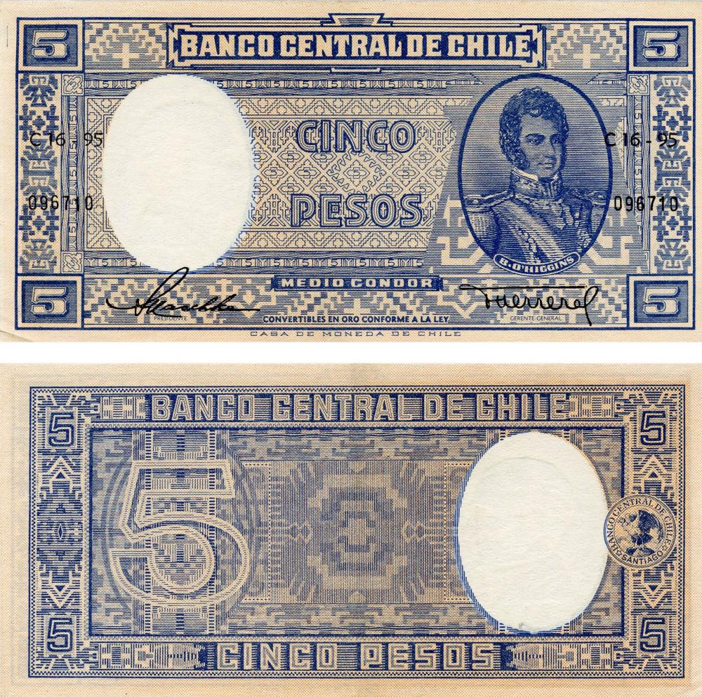 Коллекционная банкнота Чили 5 песо 1958-1959 AU-UNC P119 (Б07682)