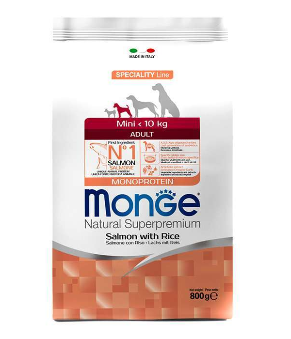 Корм сухий для дорослих собак маленьких порід Monge Monoprotein Mini Salmon with Rice з лососем та рисом 15 кг